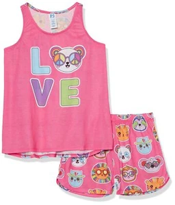 Girls' Sleeveless Tank Top and Shorts 2 Piece Pajama Set Pink Love - Picture 1 of 6