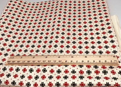 Vintage Fabric Traditions Christmas Stars Cream Red Green Cotton Fabric 1 yard - Image 1 of 2