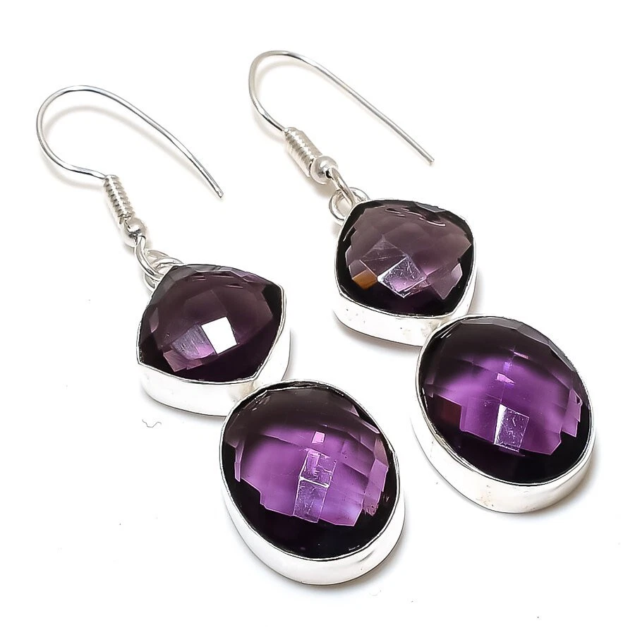 Amethyst Gemstone Silver Plated Dangle Earrings Jewelry 1.5" Birthday Gift - Image 1 of 1