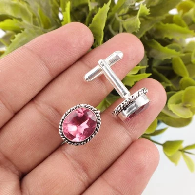 Pink Tourmaline Gemstone 925 Sterling Silver Men's Cufflinks Jewelry Gift For - Image 1 of 4