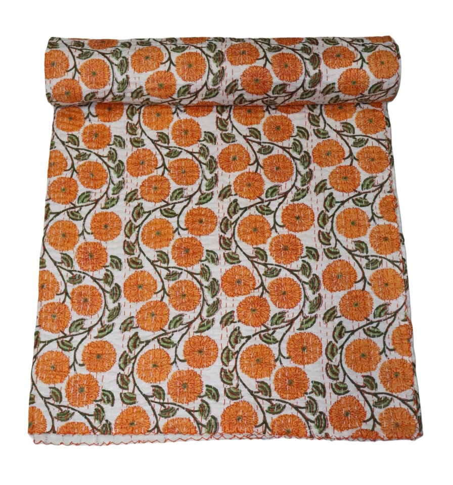 Indian Handwoven Floral Cotton Kantha Quilt , Bedspread , Throw Blanket - Image 1 of 1