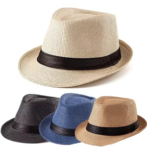 Unisex Straw Panama Hat Summer Beach Sun Short Brim Fedora Trilby Cuban Cap US - Picture 1 of 13
