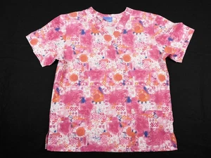 Carols Nursing Scrub Top Hot Pink Orange Dragonflies Hearts Geometric Large L - Picture 1 of 4