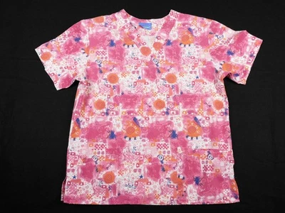 Carols Nursing Scrub Top Hot Pink Orange Dragonflies Hearts Geometric Large L - Image 1 of 4