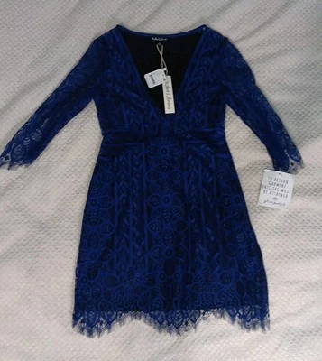 For Love & Lemons Lyla Plunge V-Neck Lace Detail Cocktail Mini Dress Blue Sz S - Image 1 of 4