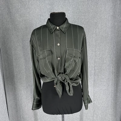 Женская рубашка Zara большая в полоску атласная блузка с длинным рукавом на пуговицах карманы - Изображение 1 из 4