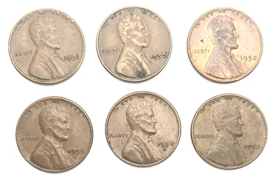 1956-P, 1956-D, 1957-P, 1957-D, 1958-P and 1958-D Wheat CENTS, 6 COINS - Image 1 of 2