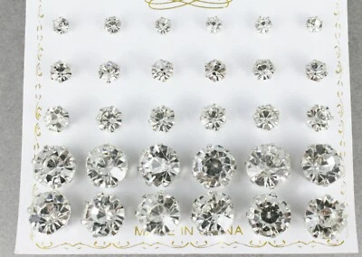 Juego 15 pares de pendientes de poste transparentes plateados tamaños graduados 4mm 5mm 6mm 10mm tachuelas Foto 1 de 4