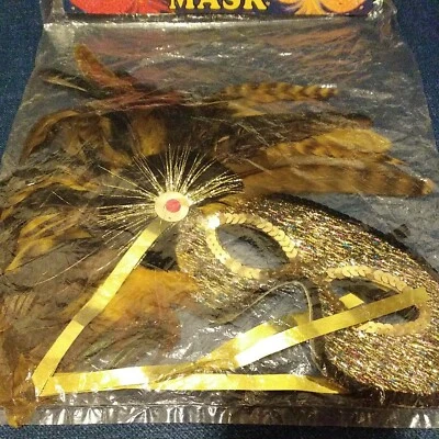 Mardi Gras Mask Black and Gold Sequin and Feather 1996 Forum Vtg Mask New - Image 1 of 4