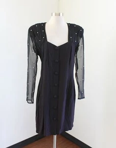 Vtg Black Sheer Pearl Beaded Cocktail Party Shirt Dress 80s 11 / 12 - Retro - Picture 1 of 7