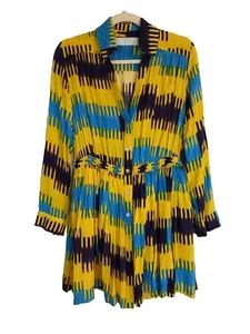 Thakoon Addition Ikat Gathered waist Mini Shirt Dress Sz 4 Yellow Long Sleeve - Picture 1 of 8
