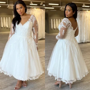 Tea Length Wedding Dresses Beach Long Sleeves 2025 Short Boho Grass Bridal Gowns - Picture 1 of 14