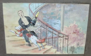 CHAMPAGNE Grande cuvée Cossé aquarelle chien chute du garçon serveur vers 1900 - Picture 1 of 2