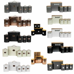 5pc Kitchen Set Bread Bin Tea Coffee Sugar Tins Biscuit Barrel Sealed Containers - Picture 1 of 69