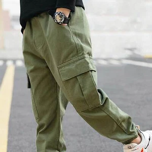 Kids Boy Pure Cargo Pants Cotton Casual Pants Drawstring Loose Jogging Work Pant - Picture 1 of 56