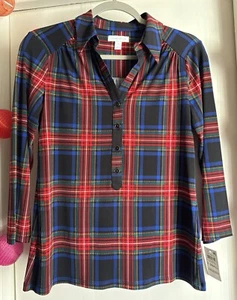 NWT Women's Charter Club Plaid Stretchy Comfortable Blouse 3/4 Sleeves Size XS - Picture 1 of 7