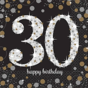 30th Birthday Party Napkins Age 30 Black Gold Silver Paper Birthday Napkins x 16 - Picture 1 of 1