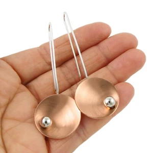 Long Solid Handmade 925 Sterling Silver and Brushed Copper Threader Earrings - Picture 1 of 5