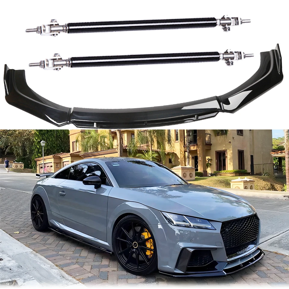 Gloss Black Front Bumper Lip Splitter Spoiler Strut Rods For Audi TT Kit - Image 1 of 4