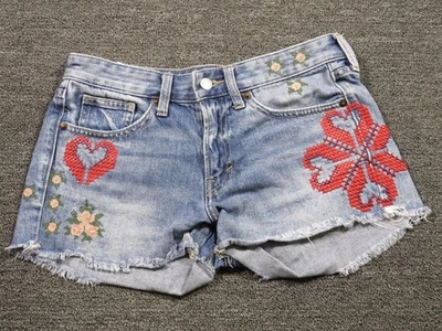 Lucky Brand Shorts Womens 0/25 Blue Denim Embroidered Hearts Flowers Frayed Hem - Image 1 of 4