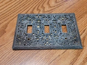 Vintage Metal Triple Switch Plate Cover Foil Back Ornate Floral Design  - Picture 1 of 6