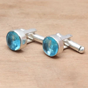Swiss Blue Quartz Gemstone Handmade Ethnic Silver Jewelry Cufflinks 2.5'' - Picture 1 of 7