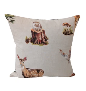 Woodland Animals Cushion Cover 16" Stag Fox Hedgehog Rabbit Hare Toadstools - Picture 1 of 4