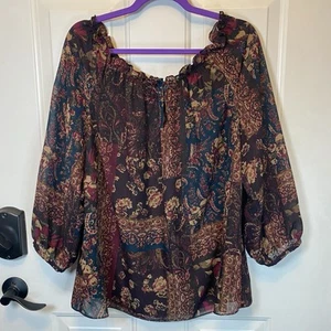 Chaps Ralph Lauren Brown Tan Chiffon Georgette Paisley Floral Top Blouse Sz 1X - Picture 1 of 16