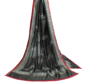 Sushila Vintage Indian Gray Dupatta 100% Pure Silk Printed Long Stole Hijab - Picture 1 of 9