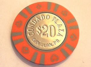 $20 CONDADO PLAZA ORANGE GRAY Casino Chip SAN JUAN Puerto Rico Bud Jones - Picture 1 of 8