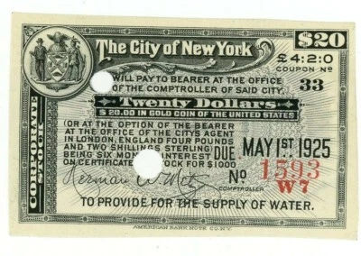 US/ Corporate Stock Coupon ... 20 Dollars ... 1925 ..*AU*😉 The city of new york - Image 1 of 2