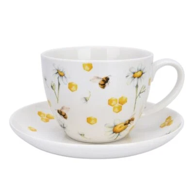 15.2 Fl Oz Honey Bee Tea Coffee Cup Saucer Yellow Floral Farmhouse Round Bone - Image 1 of 4