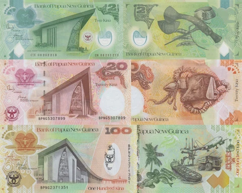 Papua New Guinea 3 PCS Banknote Set: 2, 20 & 100 Kina (2008) - p35, p36, p37 UNC Cover