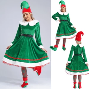 Women Suit Flannel Set Christmas Outfit Hat Dress Up Xmas New Year Shoes Elf - Picture 1 of 14