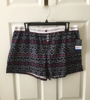 全新 全新带标签 Tommy Hilfiger 睡衣 睡眠短裤 蓝色 红色 Fair Isle 印花 棉 XL — 第 1/4 张图片