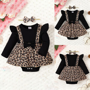 Newborn Baby Girls Leopard Print Romper Dress Headband Set Autumn Winter Outfits