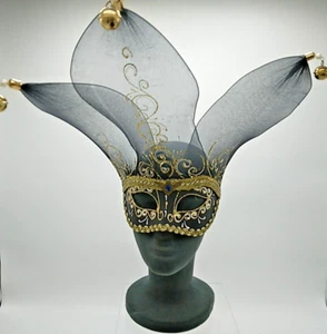 "Carta Alta" Black & Gold w/Bells Half Face Mask Masquerade, Venezia Italy - Picture 1 of 17