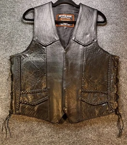 Interstate Leather Vest Mens Medium Braided Biker Motorcycle Pockets Snap Classi - Picture 1 of 9