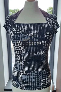 Marks & Spencer Womens Polka Dots Stretch Top UK 8 Black Grey White - Picture 1 of 9