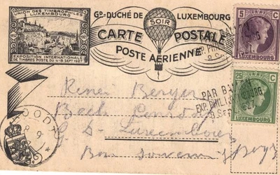 1927 Luxembourg Balloon Airmail Postcard - Image 1 of 2