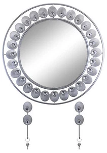 Large Round Silver Peacock Feather Mirror with Key Chain Holder - Picture 1 of 2
