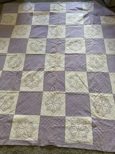 Vintage Lavender snowflake Crosstitch Patchwork Quilt C 1930s Hand Stitched - Picture 1 of 12