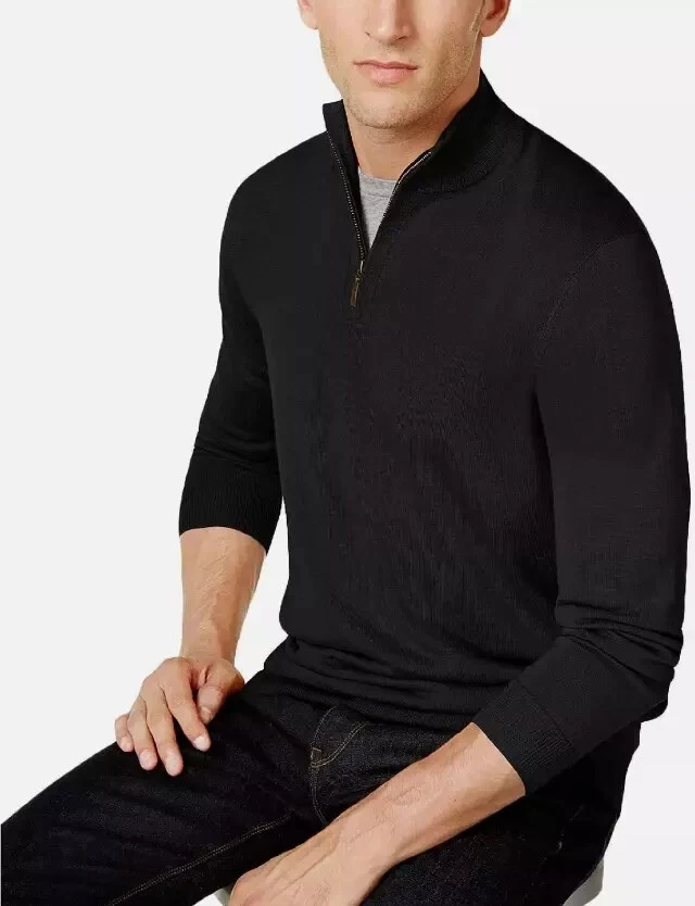 Club Room Mens Medium Black 1/4 Zip Merino Wool Breathable Easy Care Sweater
