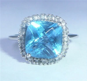 14ct White Gold 3.00ct Cushion Cut Blue Topaz & Diamond Ring, Size J1/2, - Picture 1 of 12