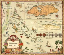 Islands Bahamas Vintage Pictorial Map Poster Giclee Canvas Print 40x35