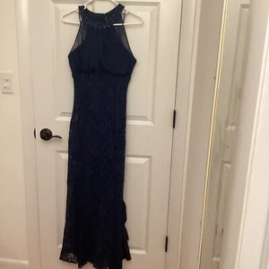 Nightway Lace Halter Gown Cocktail Navy Blue Lined Hidden Zipper Dress Sz 10 - Picture 1 of 16