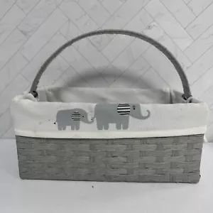 Woven Basket Gray White Elephant Print Handled Storage Organize Nursery - Picture 1 of 9