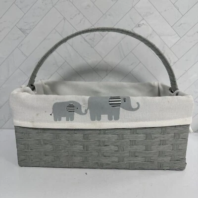 Elephant Print Mom Child Gray White Woven Basket Handle Storage Organize Nursery - Image 1 of 4