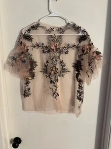 Women NWT “ZARA WOMEN" light pink,sheer, short sleeve colorful print, top Size M - Picture 1 of 2