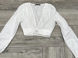 Zara White 100% Linen Crop Blazer with side zipper Metal Accent Ring Size XS - Picture 1 of 7